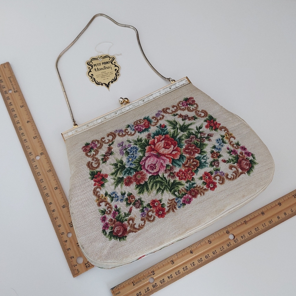 Vintage Petit Point Floral Tapestry Evening Bag, 1950s Needlepoint Clutch - Picture 7 of 14